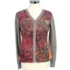 Desigual Printed Cardigan Heart Accent Sweater Sheer Back Size Medium